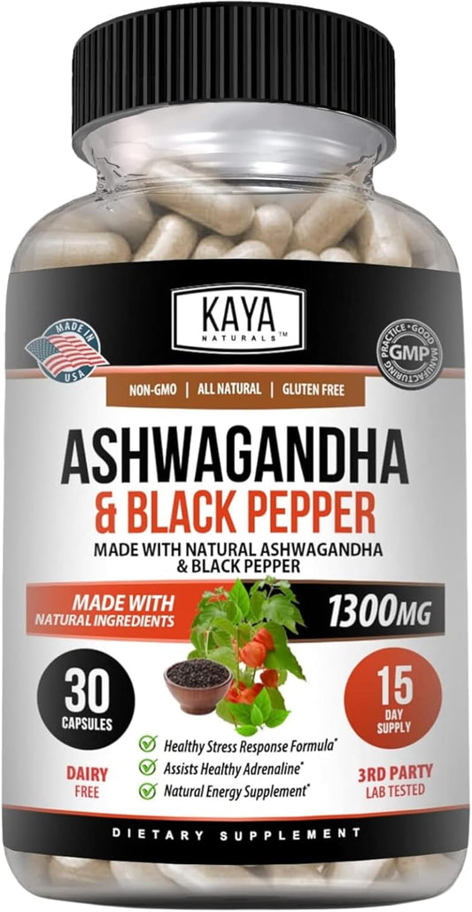 1300mg Organic Ashwagandha Root with Black Pepper | Maximum Strength Adaptogen Supplement for Adrenal Health & Energy