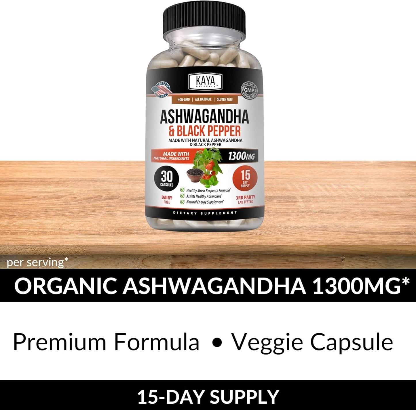 1300mg Organic Ashwagandha Root with Black Pepper | Maximum Strength Adaptogen Supplement for Adrenal Health & Energy