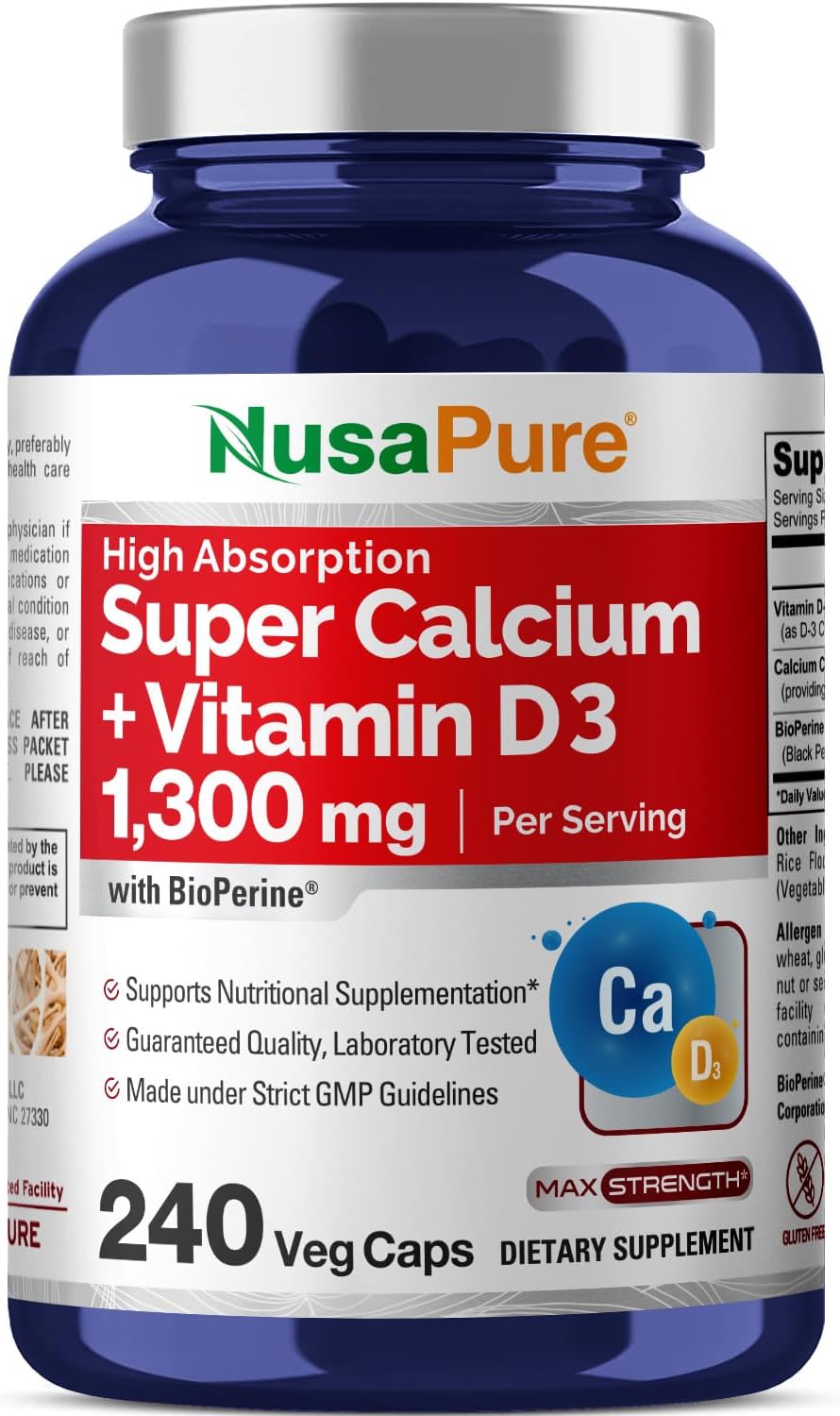 1300mg Super Calcium with Vitamin D3 in 240 Veggie Capsules - Non-GMO, Gluten-Free, Enhanced with Bioperine