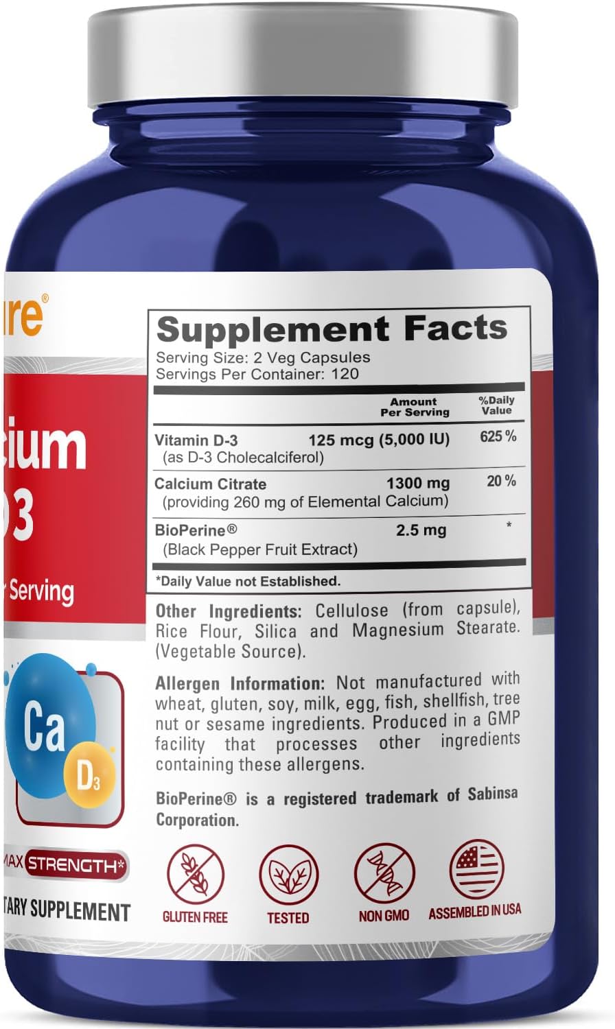 1300mg Super Calcium with Vitamin D3 in 240 Veggie Capsules - Non-GMO, Gluten-Free, Enhanced with Bioperine