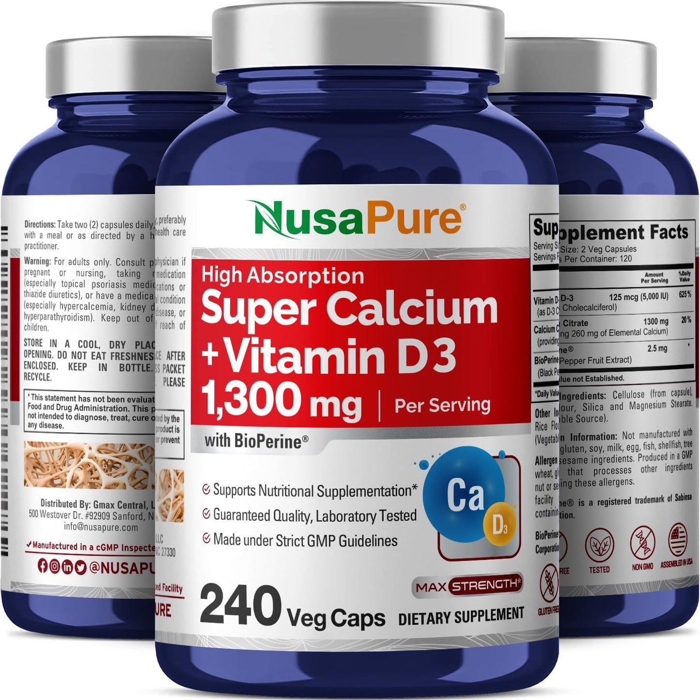 1300mg Super Calcium with Vitamin D3 in 240 Veggie Capsules - Non-GMO, Gluten-Free, Enhanced with Bioperine