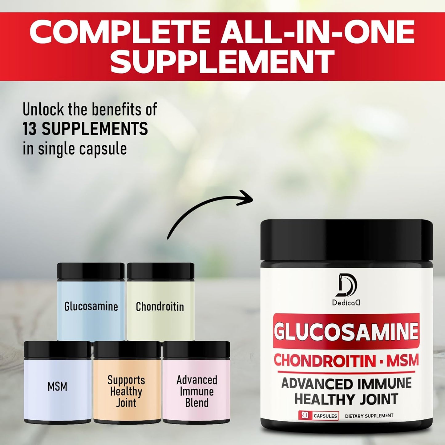 13in1 Glucosamine Chondroitin MSM Capsules with Turmeric, Elderberry & Echinacea - 90 Count for Joint, Bone, & Immune Support