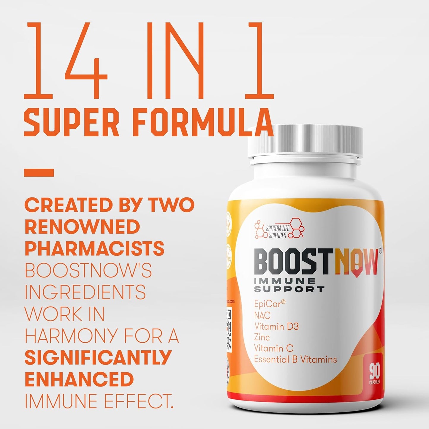 14-in-1 Immune Support Capsules with Vitamin C, D-3, Zinc, EpiCor, Elderberry - 90 Count - Boost Immunity Now