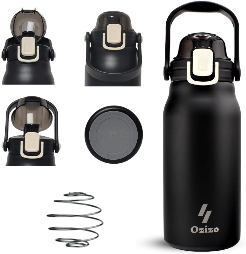 1.4 qt Stainless Steel Insulated Canteen with Handle, Mixing Ball, and Straw for Hiking