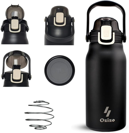 1.4 qt Stainless Steel Insulated Canteen with Handle, Mixing Ball, and Straw for Hiking