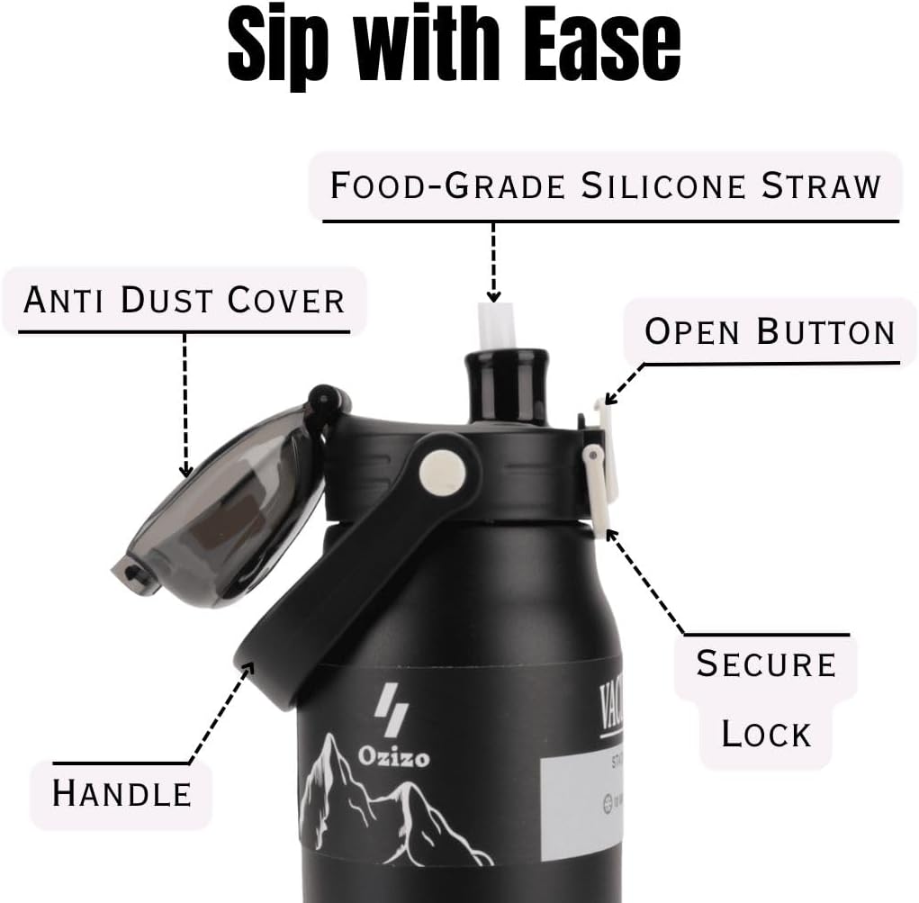 1.4 qt Stainless Steel Insulated Canteen with Handle, Mixing Ball, and Straw for Hiking