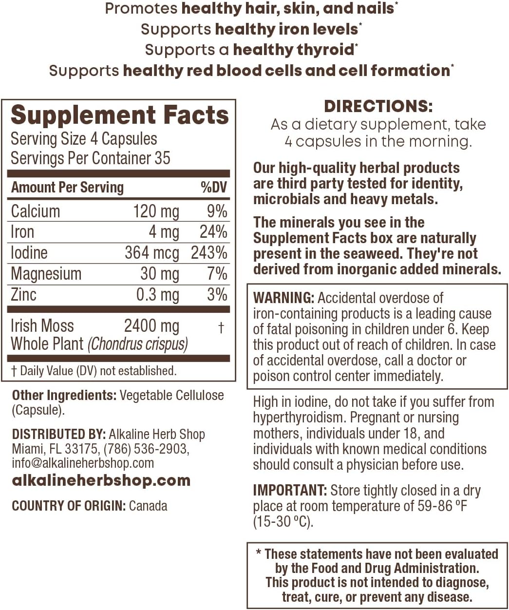 140 Capsules of Alkaline Herb Shop Sea Moss Supplement for Improved Health and Wellness