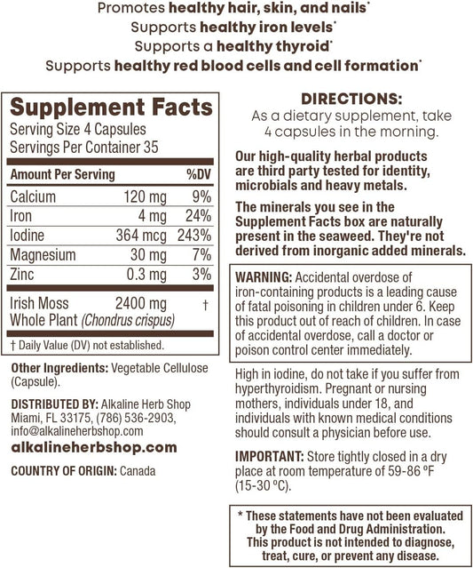 140 Capsules of Alkaline Herb Shop Sea Moss Supplement for Improved Health and Wellness