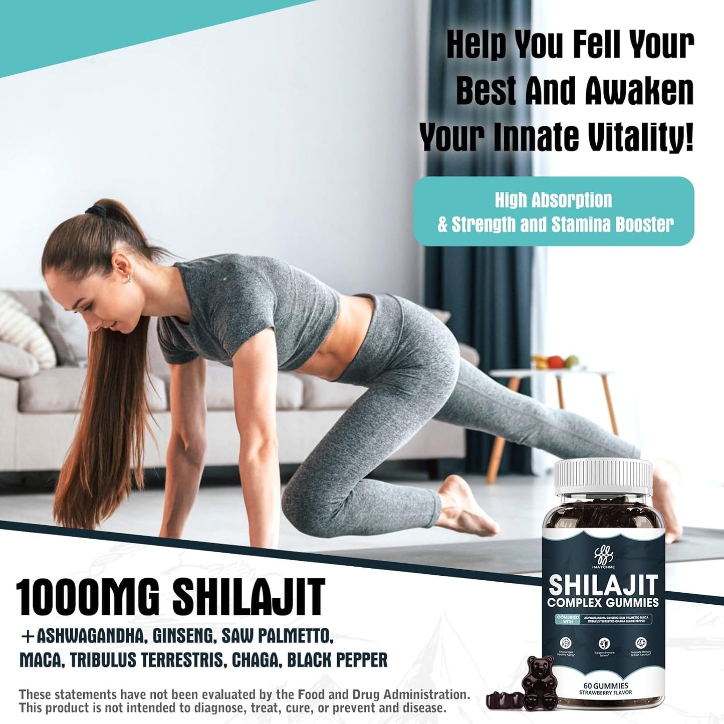 1400MG Shilajit Complex Gummies with Ashwagandha for Energy and Immune Support - Men's Energy Booster, Sugar-Free, Strawberry Flavor - 60 Count