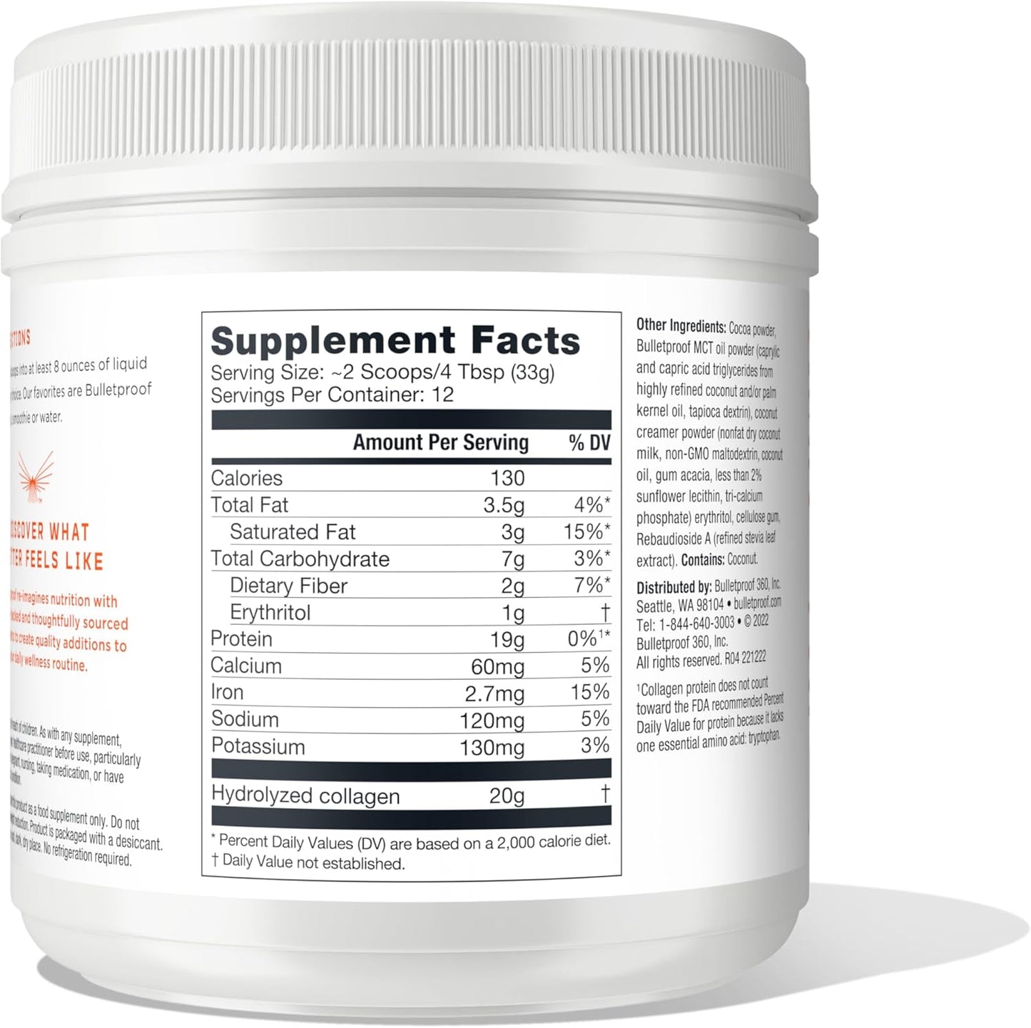 14.3 oz Bulletproof Chocolate Collagen Peptides Powder with MCT Oil - Grass-Fed Protein for Skin, Bone, Joint Support