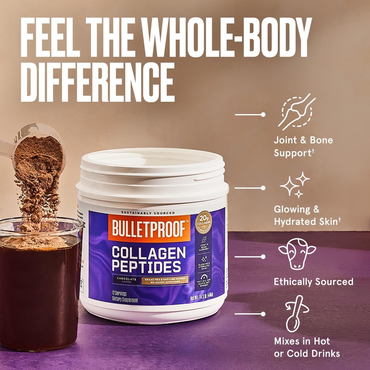 14.3 oz Bulletproof Chocolate Collagen Peptides Powder with MCT Oil - Grass-Fed Protein for Skin, Bone, Joint Support