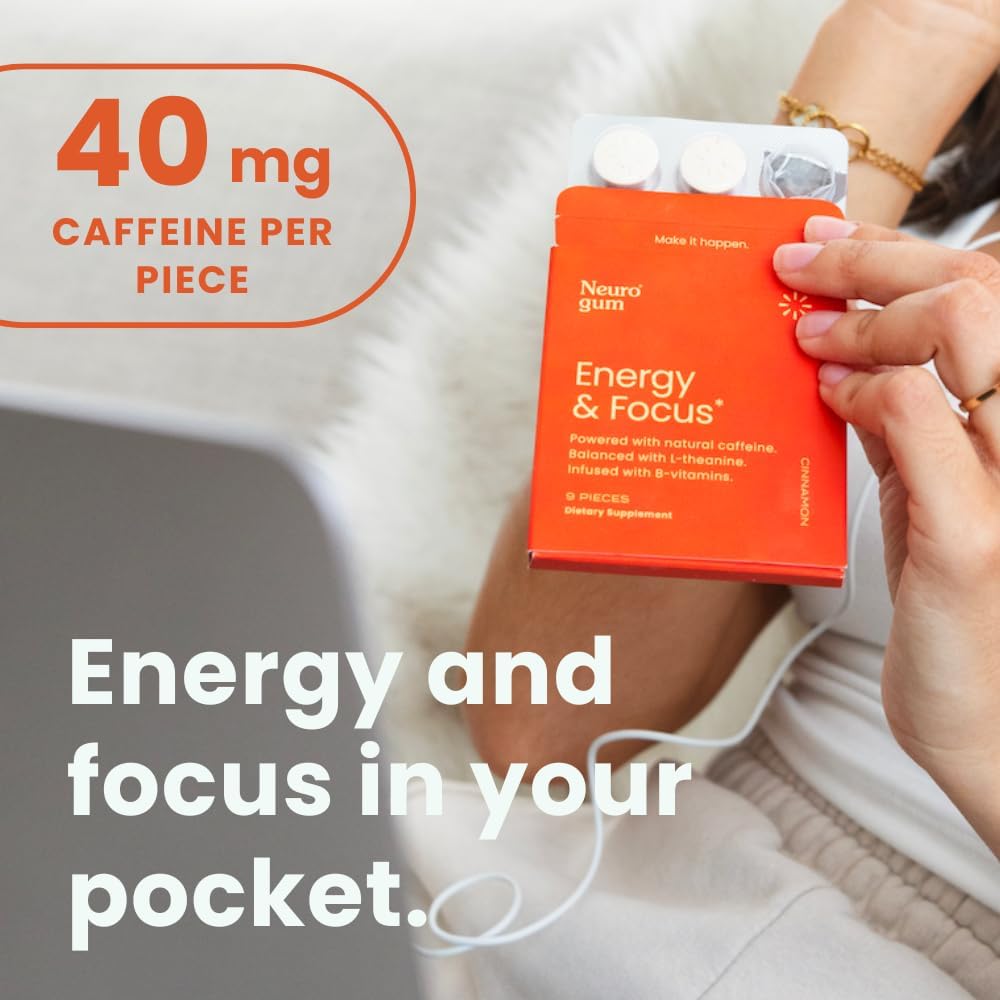 144 Piece Sugar-Free Cinnamon Flavor NeuroGum Energy Caffeine Gum with L-theanine, Natural Caffeine, Vitamin B12 & B6 - Nootropic Energy Supplement for Women & Men