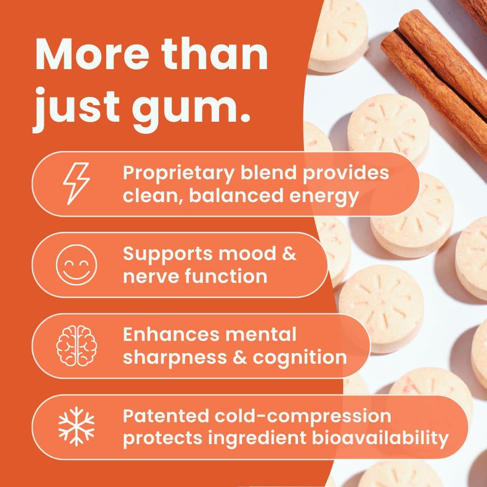 144 Piece Sugar-Free Cinnamon Flavor NeuroGum Energy Caffeine Gum with L-theanine, Natural Caffeine, Vitamin B12 & B6 - Nootropic Energy Supplement for Women & Men