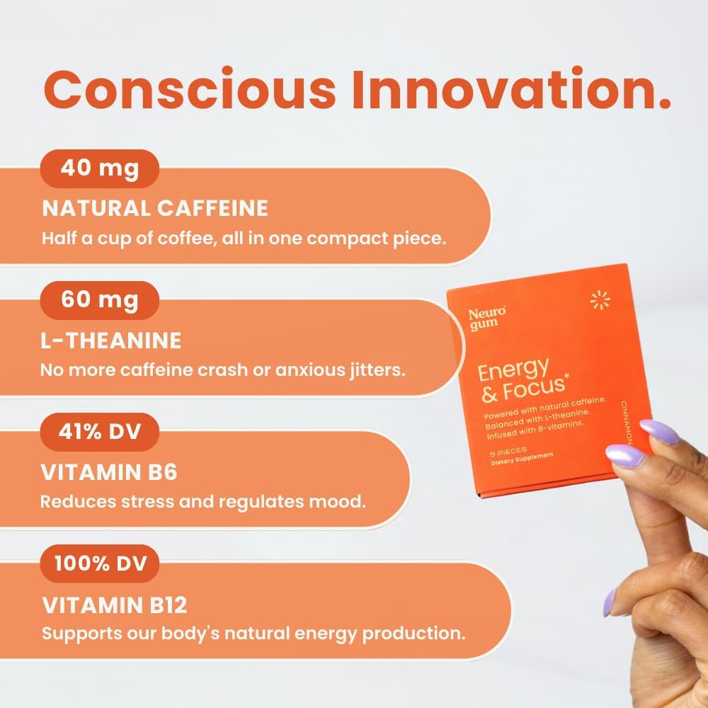 144 Piece Sugar-Free Cinnamon Flavor NeuroGum Energy Caffeine Gum with L-theanine, Natural Caffeine, Vitamin B12 & B6 - Nootropic Energy Supplement for Women & Men