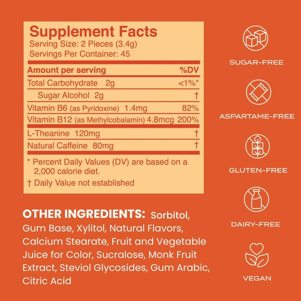 144 Piece Sugar-Free Cinnamon Flavor NeuroGum Energy Caffeine Gum with L-theanine, Natural Caffeine, Vitamin B12 & B6 - Nootropic Energy Supplement for Women & Men