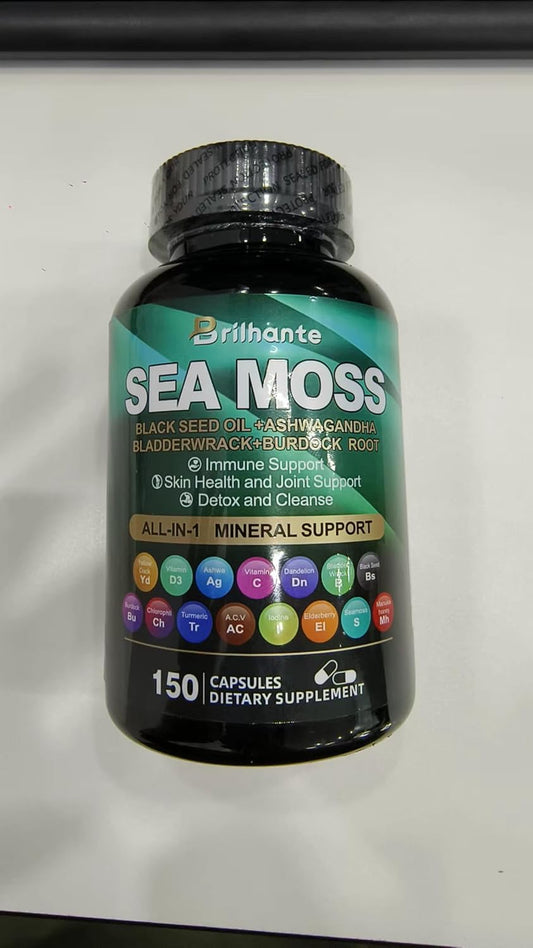 145 Capsules Sea Moss, Ashwagandha, Black Seed Oil, Vitamin C & D3 Supplement with Bladderwrack, Ginger, Burdock Root for Immune Support