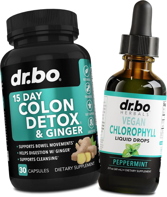 15 Day Colon Cleanse Pills with Ginger & Chlorophyll Drops for Internal Detox & Gut Support
