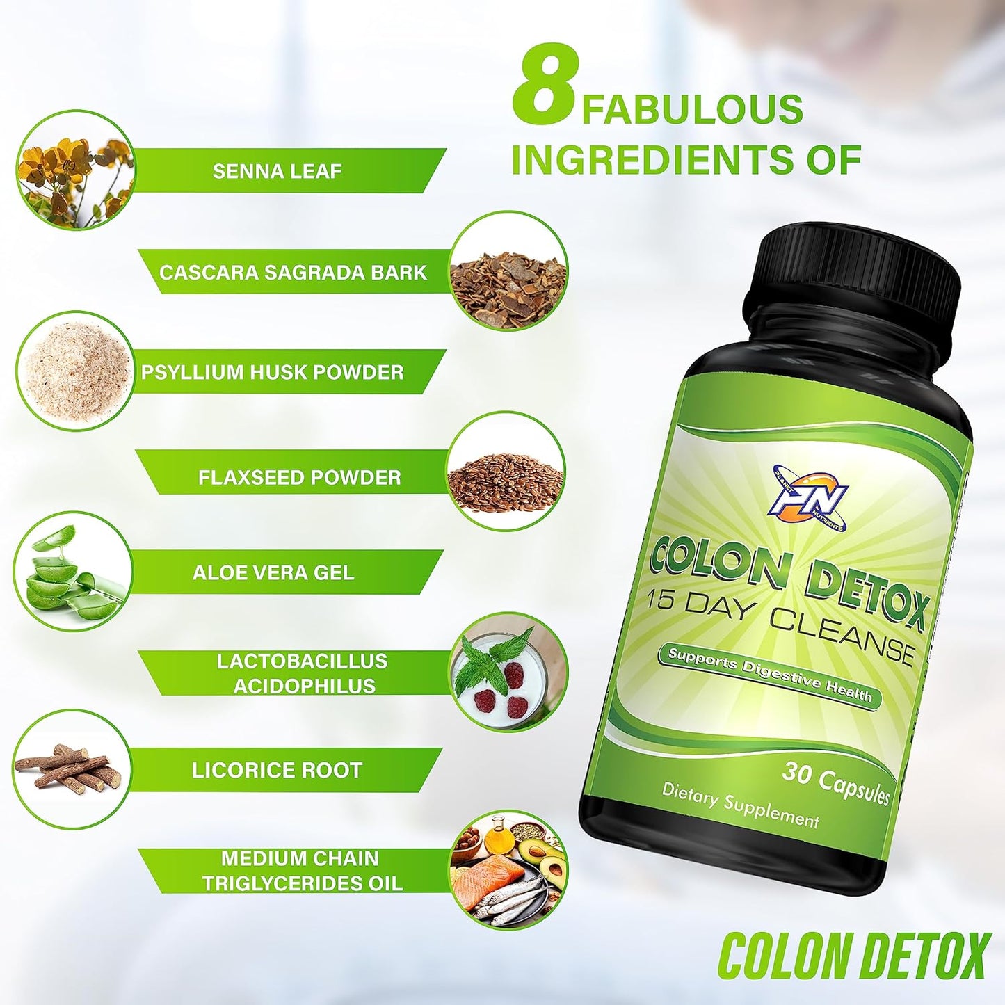 15-Day Colon Detox Capsules for Digestive Health - Non-GMO Formula - 30 Capsules