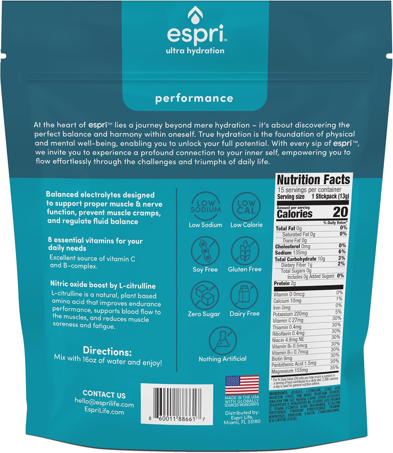 15 Day Supply ESPRI Zero Sugar Yuzu Citrus Electrolyte Drink Mix - Hydration Packets with Nitric Oxide Boost, Low Calories, Magnesium Citrate for Muscle Cramp Prevention and Recovery