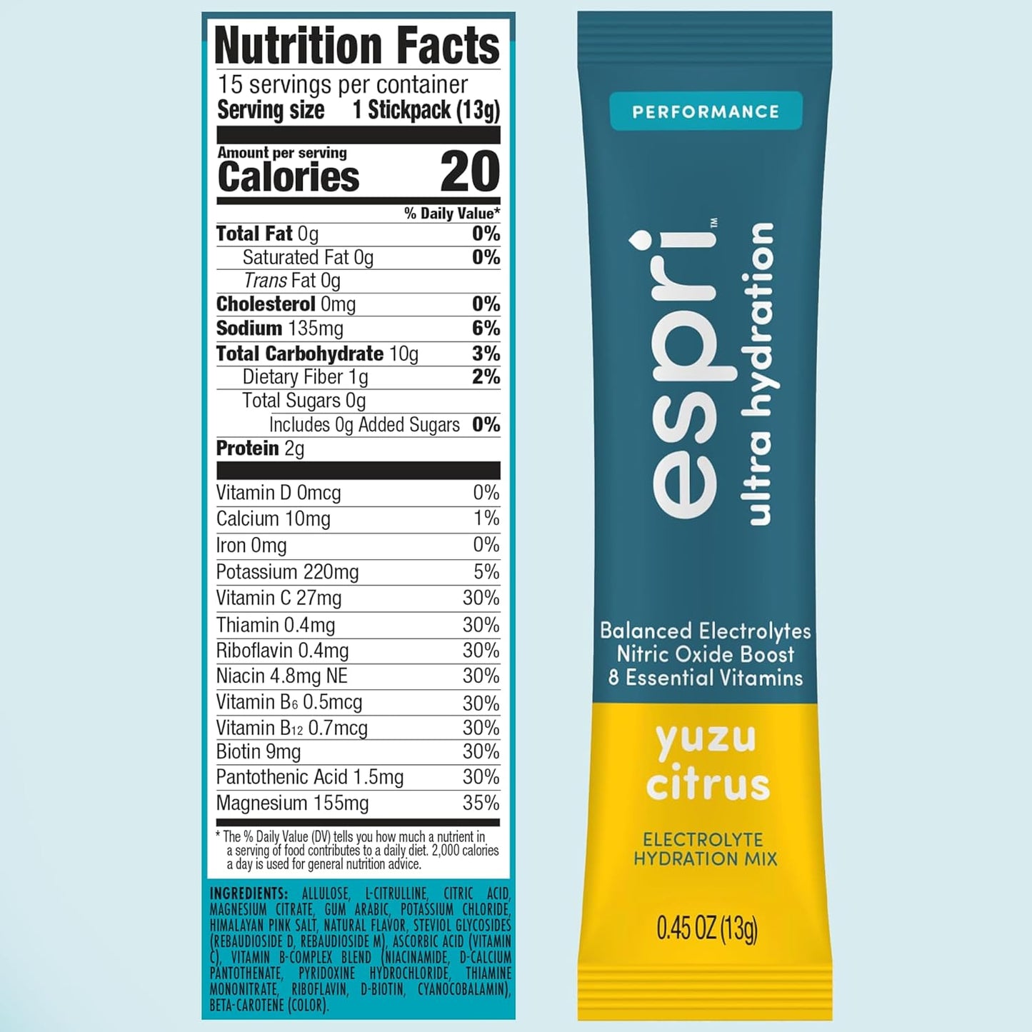 15 Day Supply ESPRI Zero Sugar Yuzu Citrus Electrolyte Drink Mix - Hydration Packets with Nitric Oxide Boost, Low Calories, Magnesium Citrate for Muscle Cramp Prevention and Recovery