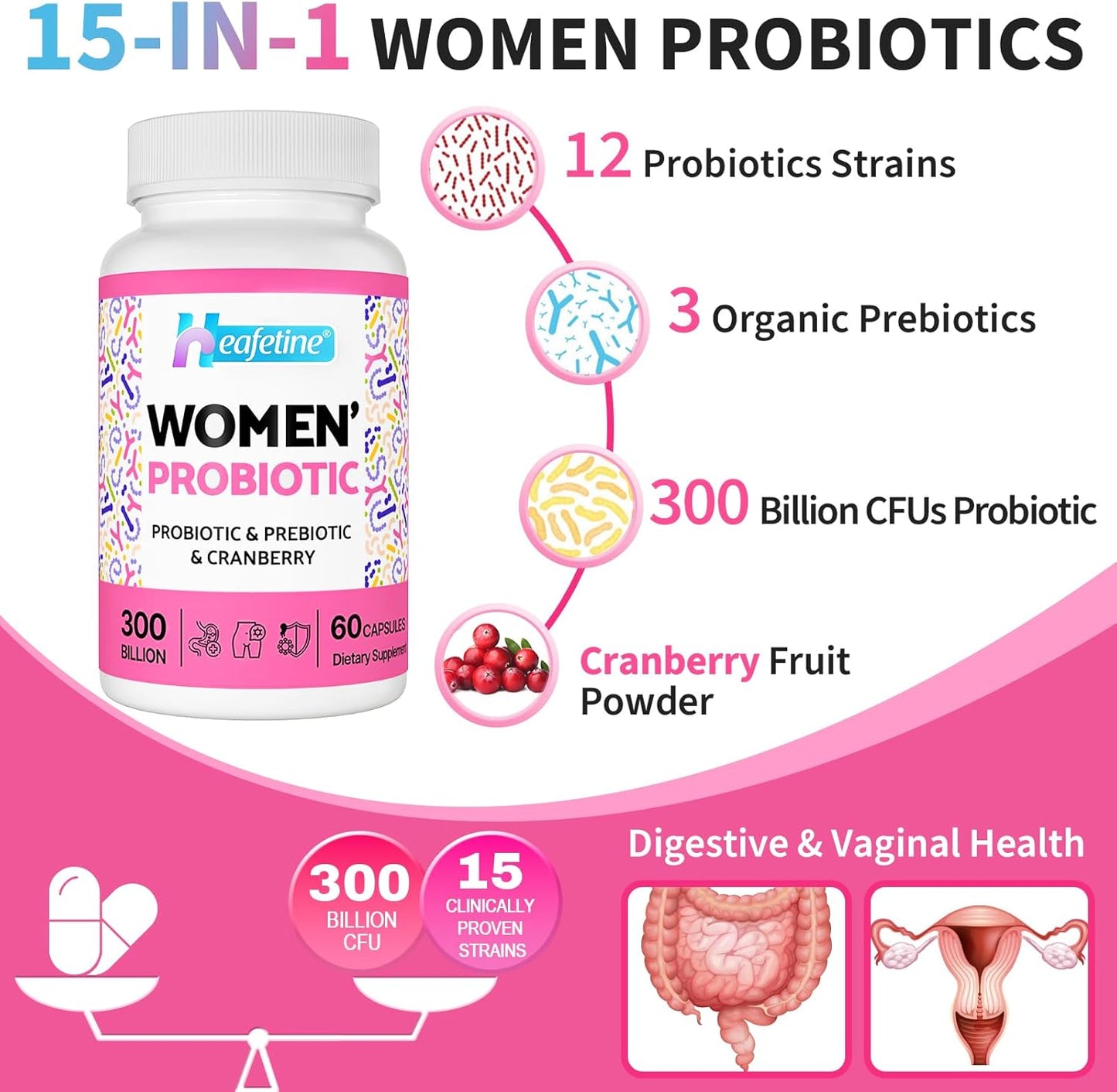 15-in-1 Women's Probiotic with 300 Billion CFUs for Vaginal, Urinary Tract, PH Balance & Immune Support - 60 Capsules