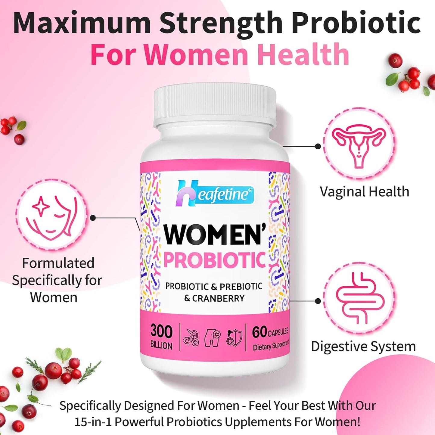15-in-1 Women's Probiotic with 300 Billion CFUs for Vaginal, Urinary Tract, PH Balance & Immune Support - 60 Capsules