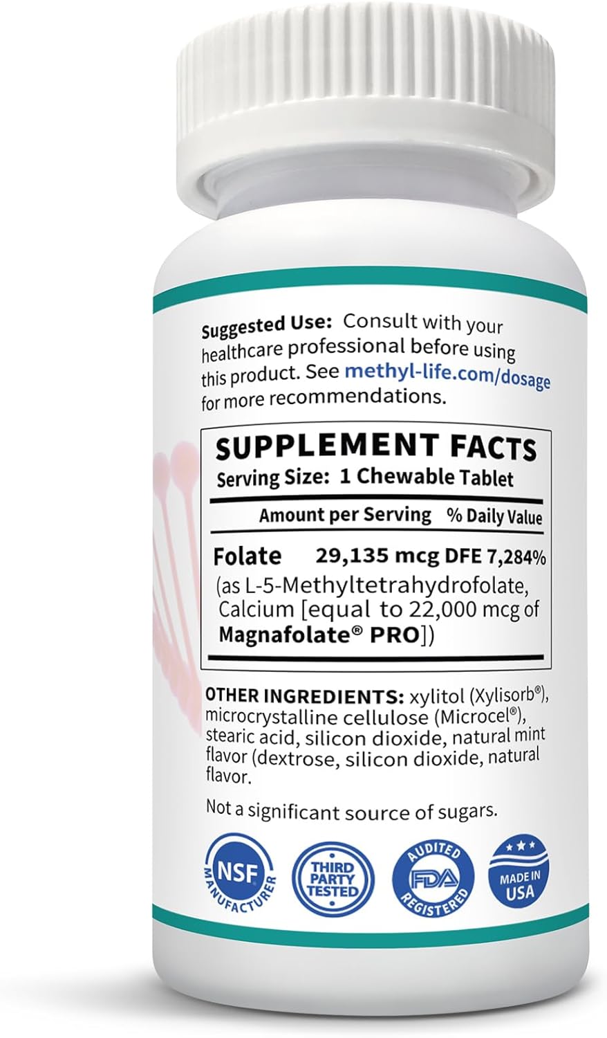 15 mg Pharmaceutical Grade L-Methylfolate Chewables - 3 Months Supply - Non-GMO Gluten Free - Mint Flavor