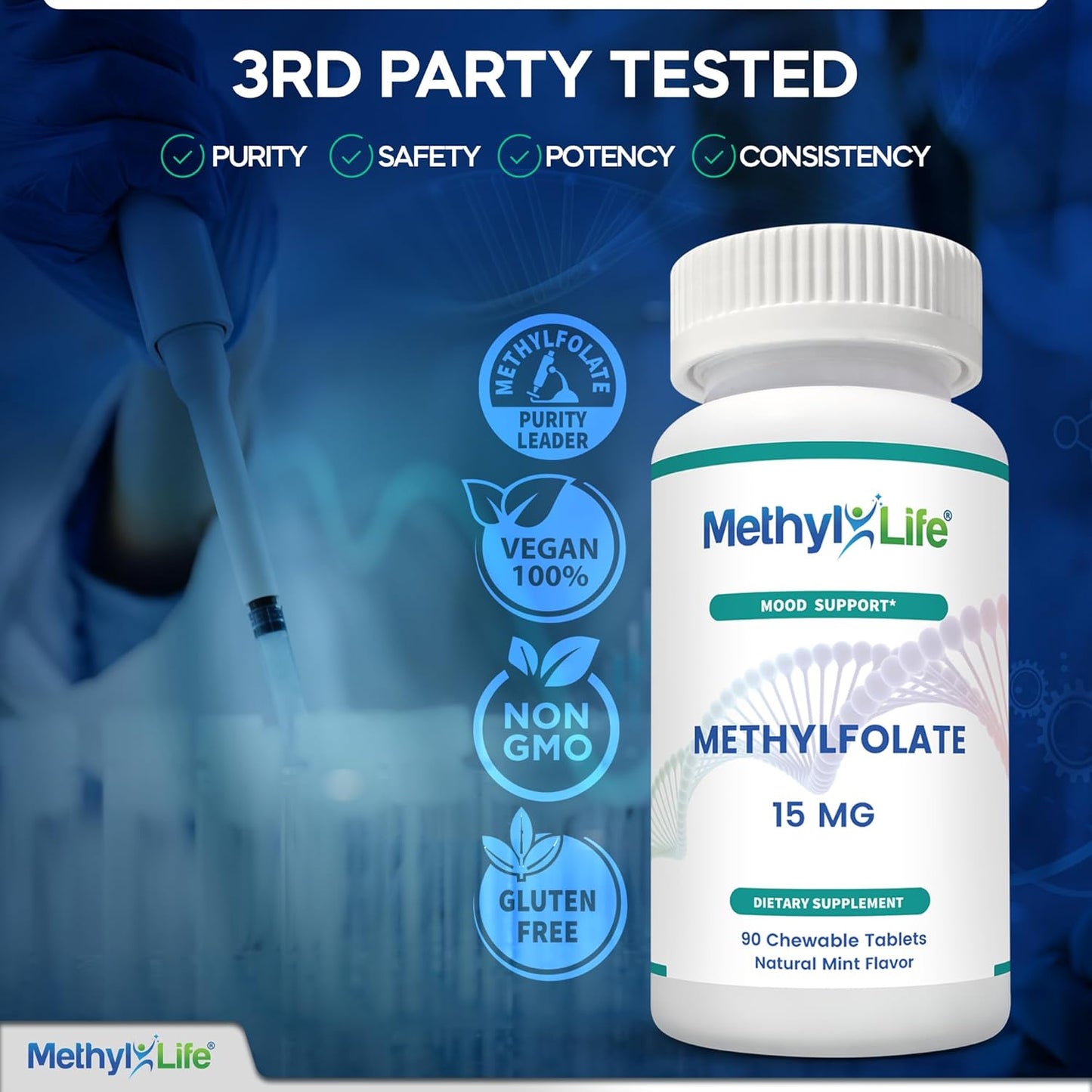 15 mg Pharmaceutical Grade L-Methylfolate Chewables - 3 Months Supply - Non-GMO Gluten Free - Mint Flavor