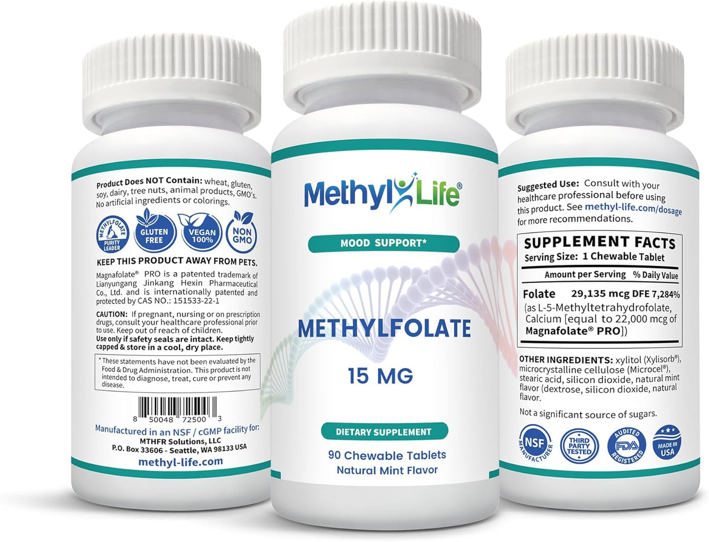 15 mg Pharmaceutical Grade L-Methylfolate Chewables - 3 Months Supply - Non-GMO Gluten Free - Mint Flavor