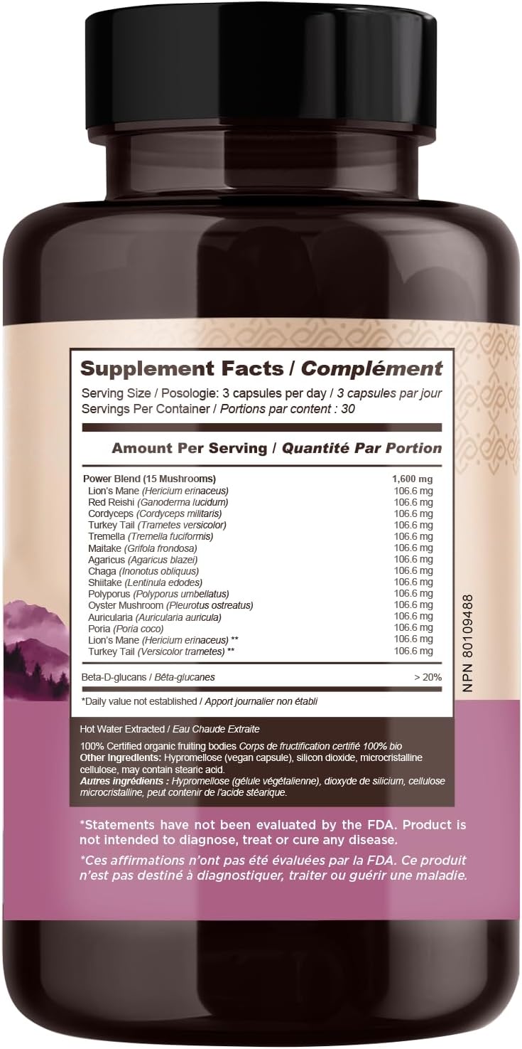 15 Mushroom Supplement Blend Capsules - Immune System Support, Mental Clarity, Focus, and Relaxation - 90 Count Bottle