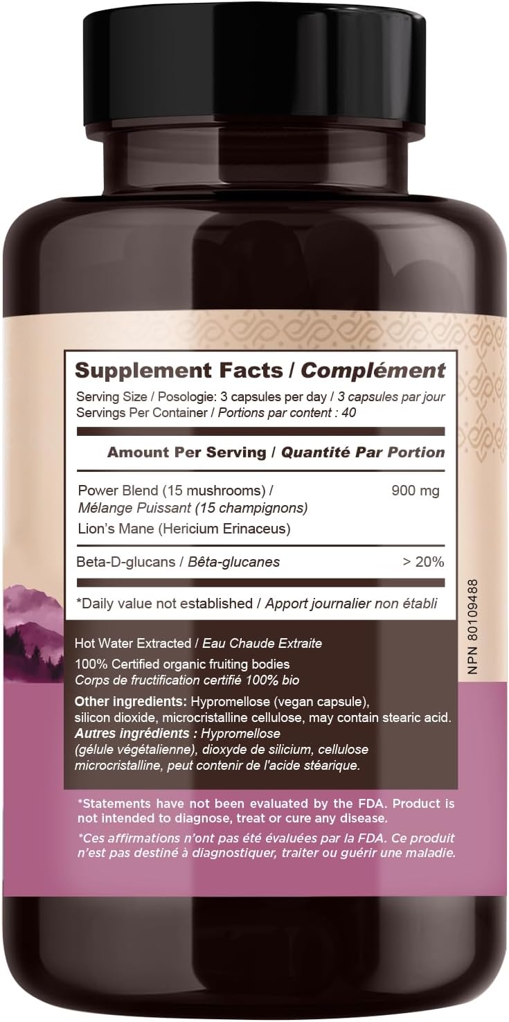 15 Mushroom Supplement Blend Capsules - Immune System Support, Mental Clarity, Focus, and Relaxation - 90 Count Bottle