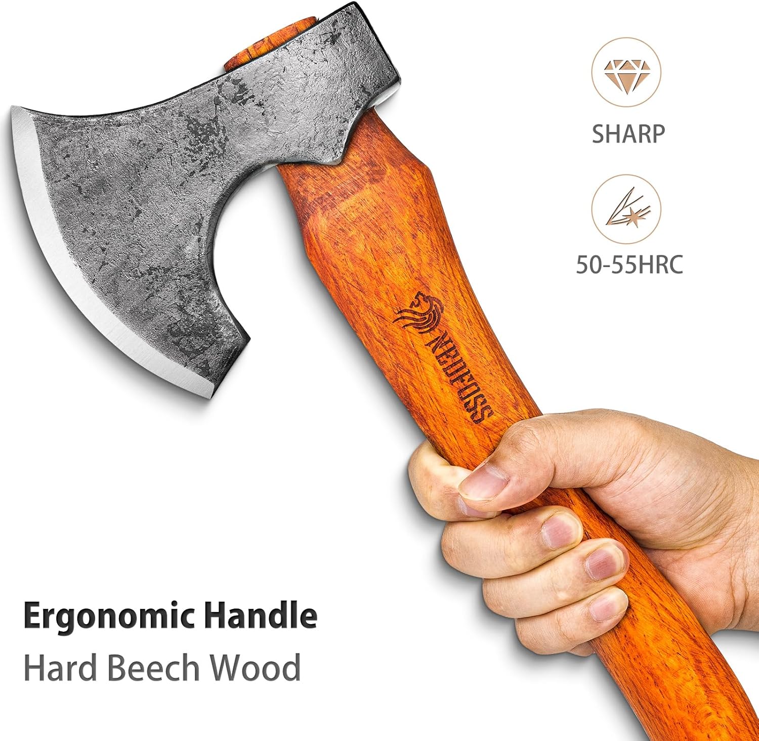 15" NEDFOSS Mammoth Camping Hatchet Axe with High Carbon Steel & Wooden Handle - Multi-Purpose Tool for Camping, Bushcraft, and Survival - Ideal Gift for Men