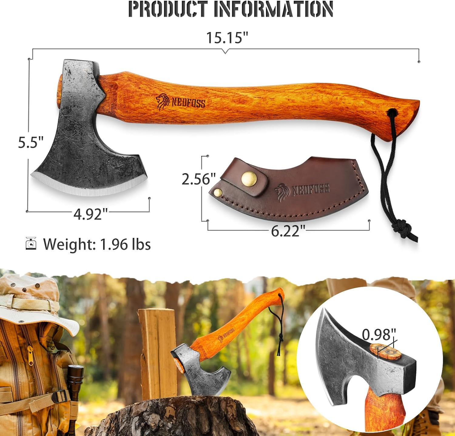 15" NEDFOSS Mammoth Camping Hatchet Axe with High Carbon Steel & Wooden Handle - Multi-Purpose Tool for Camping, Bushcraft, and Survival - Ideal Gift for Men