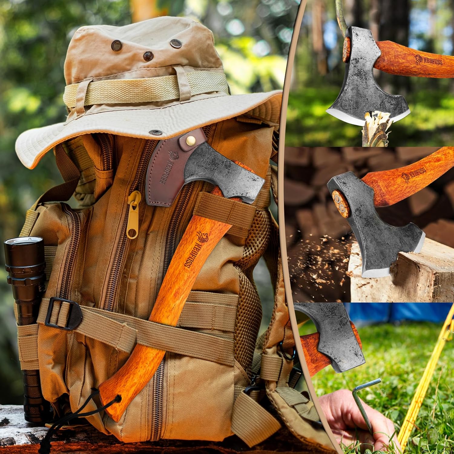 15" NEDFOSS Mammoth Camping Hatchet Axe with High Carbon Steel & Wooden Handle - Multi-Purpose Tool for Camping, Bushcraft, and Survival - Ideal Gift for Men