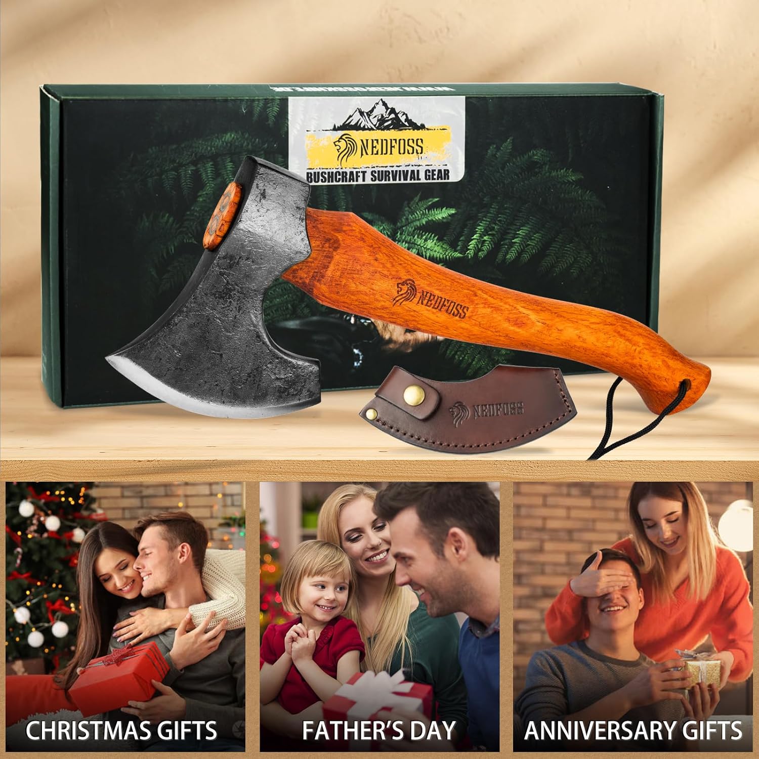 15" NEDFOSS Mammoth Camping Hatchet Axe with High Carbon Steel & Wooden Handle - Multi-Purpose Tool for Camping, Bushcraft, and Survival - Ideal Gift for Men