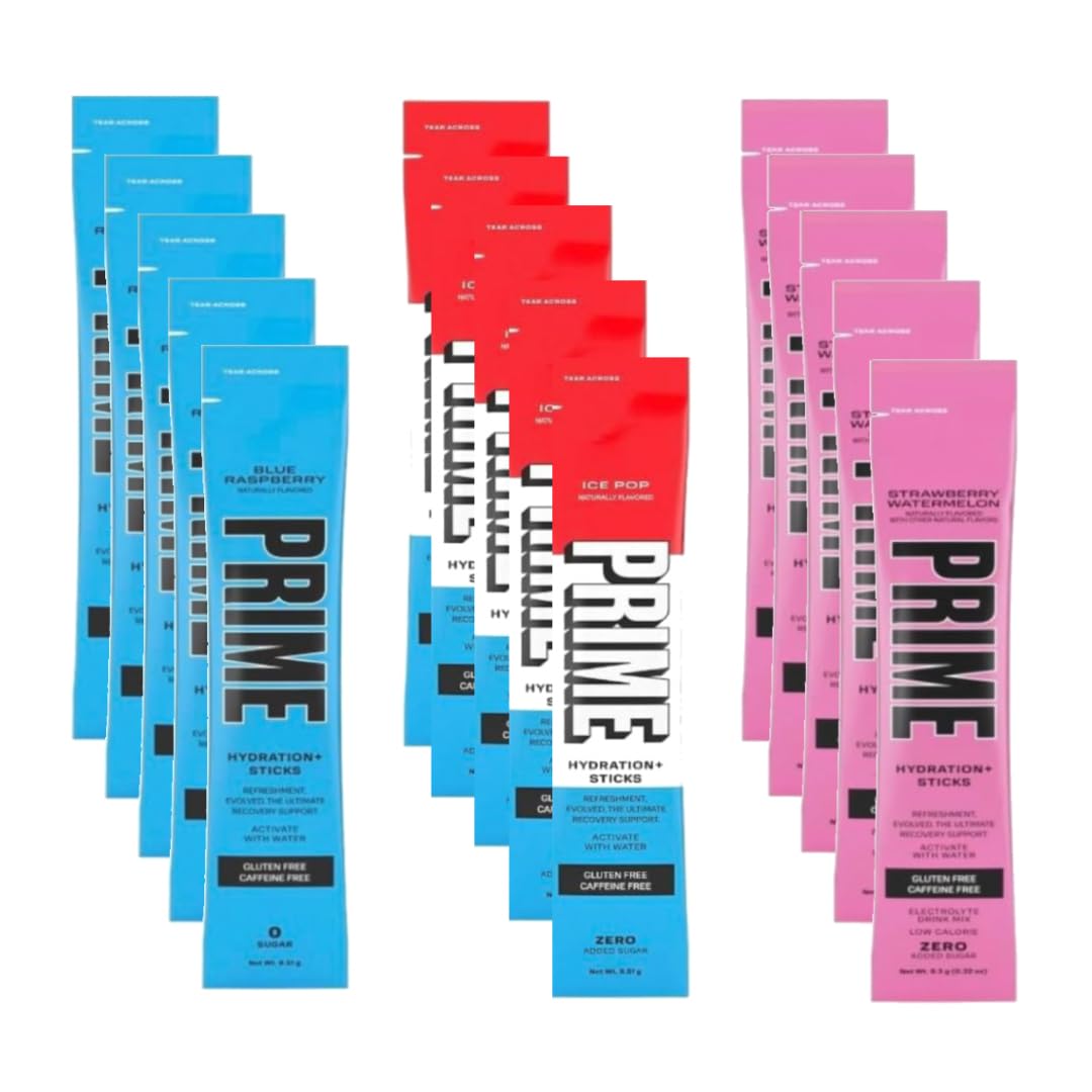 15 Pack Variety Prime Hydration Sticks - Ice Pop Flavor Bundle (Blue Raspberry, Strawberry Watermelon) - Electrolyte Powder Drink Mix for Recovery - Zero Sugar, Gluten Free