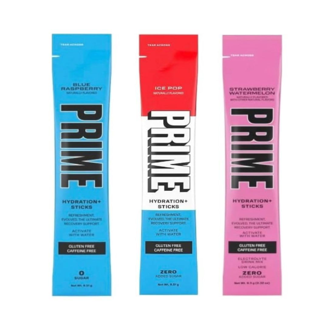 15 Pack Variety Prime Hydration Sticks - Ice Pop Flavor Bundle (Blue Raspberry, Strawberry Watermelon) - Electrolyte Powder Drink Mix for Recovery - Zero Sugar, Gluten Free