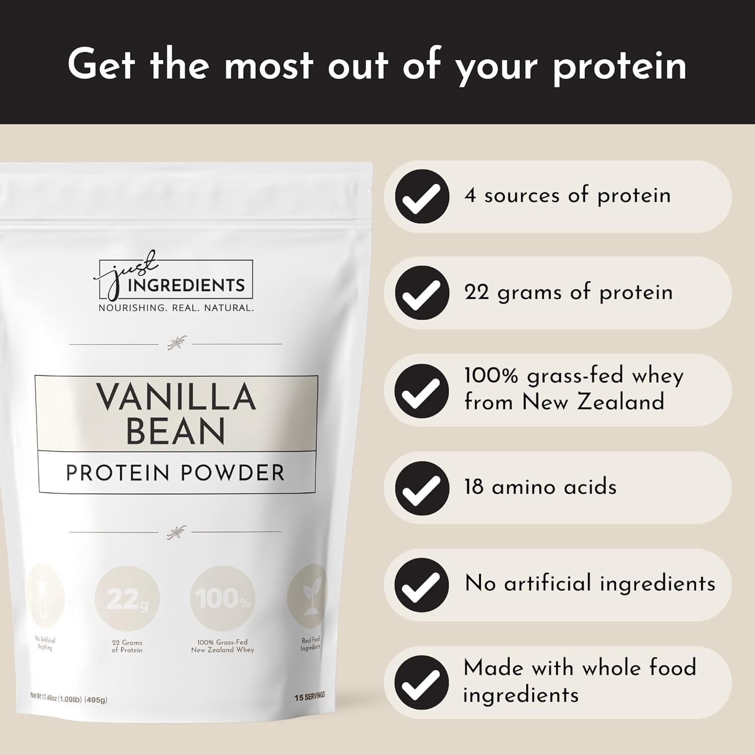 15 Servings of JUST INGREDIENTS Grass-Fed Whey Vanilla Protein Powder - Non-GMO & Gluten-Free - BoostGo Australia
