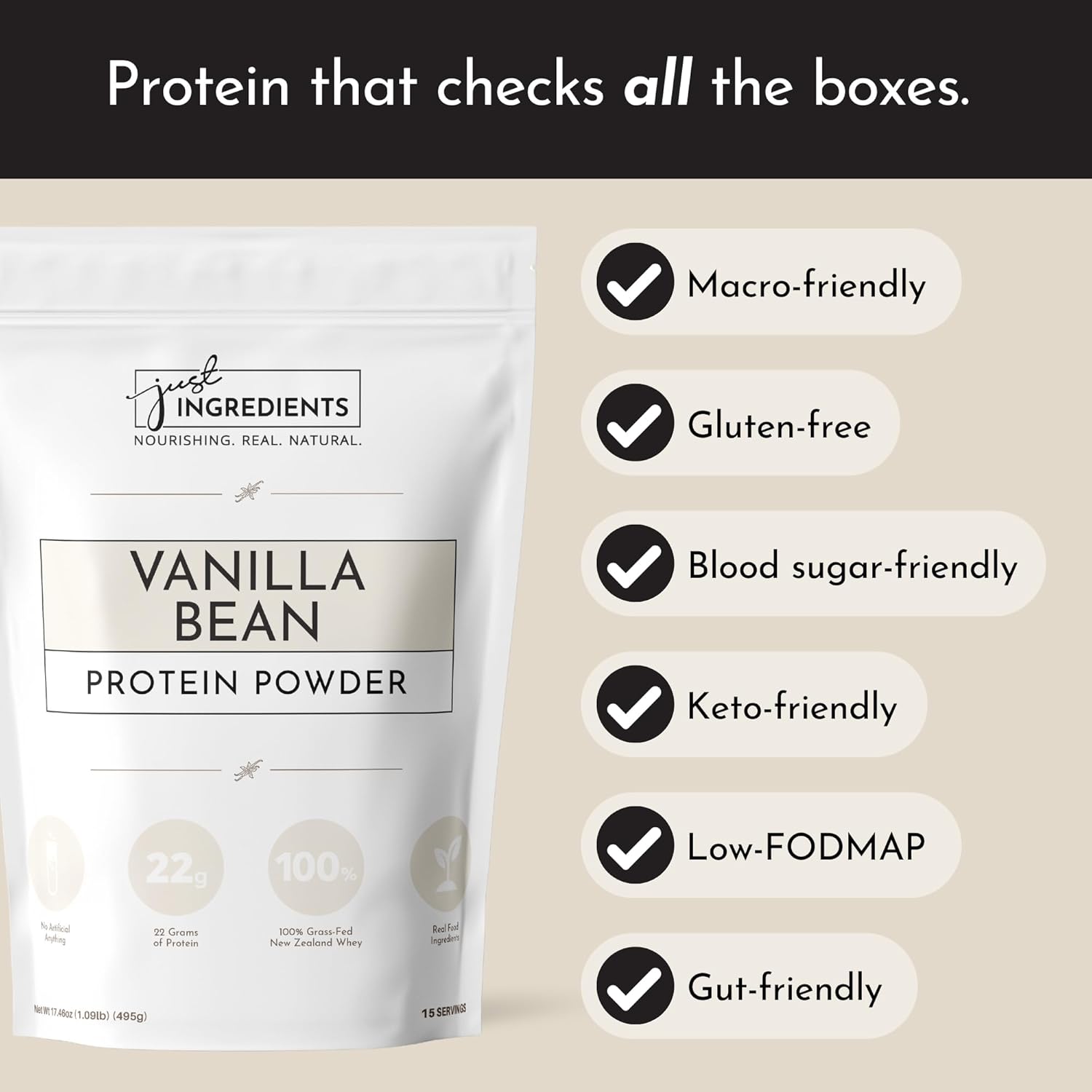 15 Servings of JUST INGREDIENTS Grass-Fed Whey Vanilla Protein Powder - Non-GMO & Gluten-Free - BoostGo Australia
