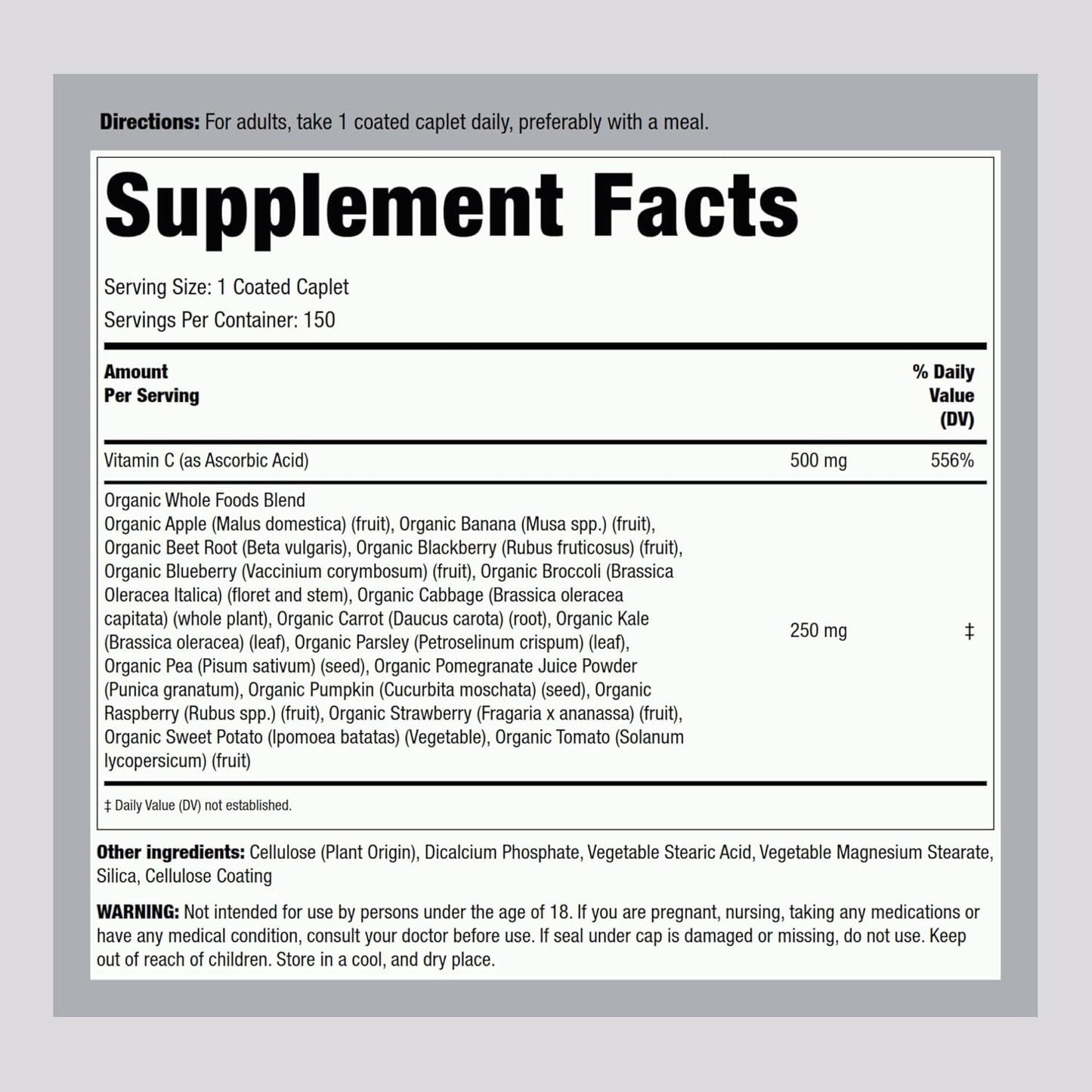 150 Caplets of Piping Rock Whole Foods Vitamin C Superfood Blend - Vegetarian, Non-GMO, Gluten Free