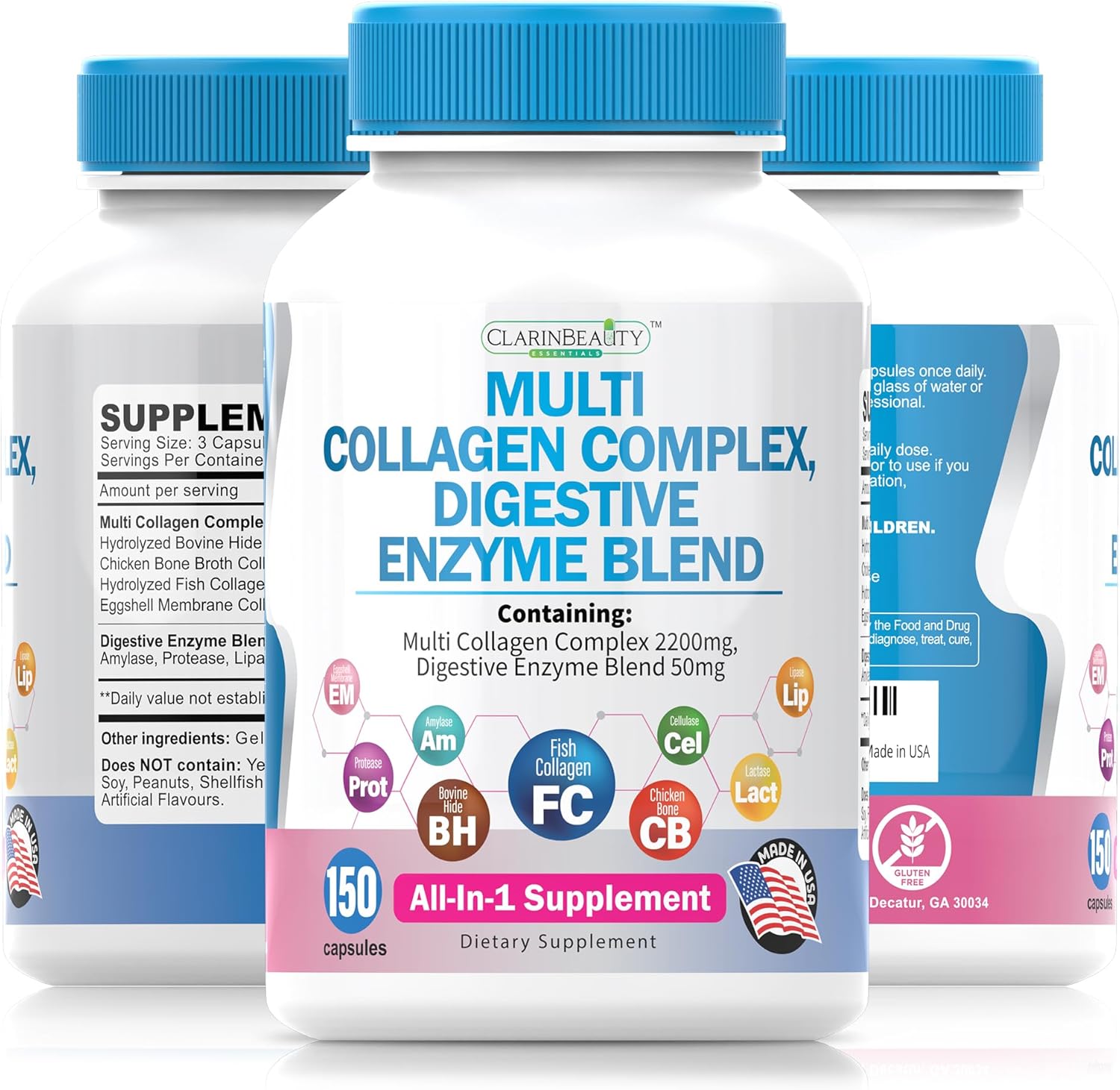 150 Capsules ClarinBeauty Advanced Grass Fed Multi Collagen Complex with 5 Types of Collagen & Digestive Enzyme Blend - Non-GMO, USA Made