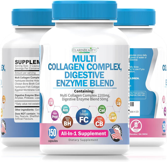 150 Capsules ClarinBeauty Advanced Grass Fed Multi Collagen Complex with 5 Types of Collagen & Digestive Enzyme Blend - Non-GMO, USA Made