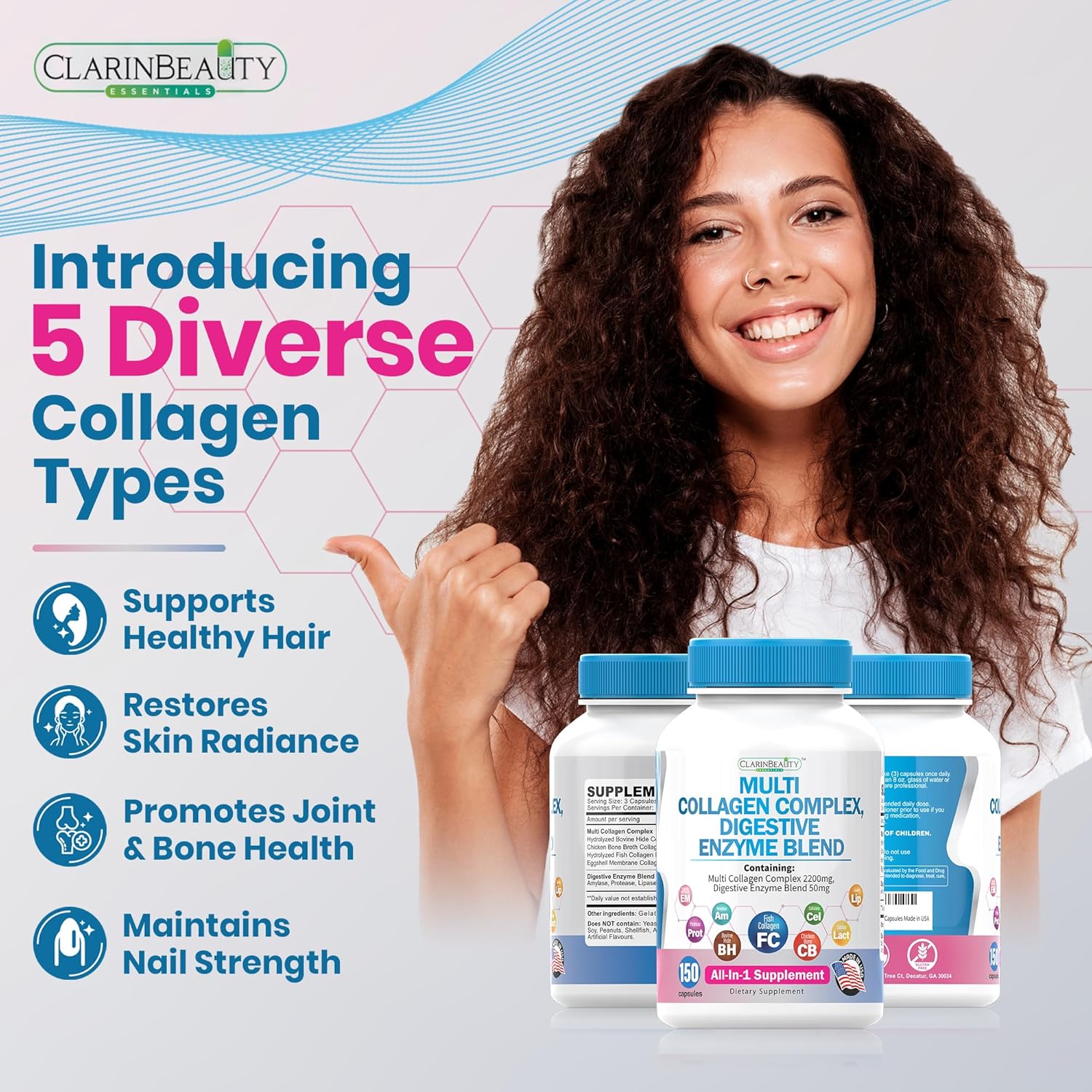 150 Capsules ClarinBeauty Advanced Grass Fed Multi Collagen Complex with 5 Types of Collagen & Digestive Enzyme Blend - Non-GMO, USA Made