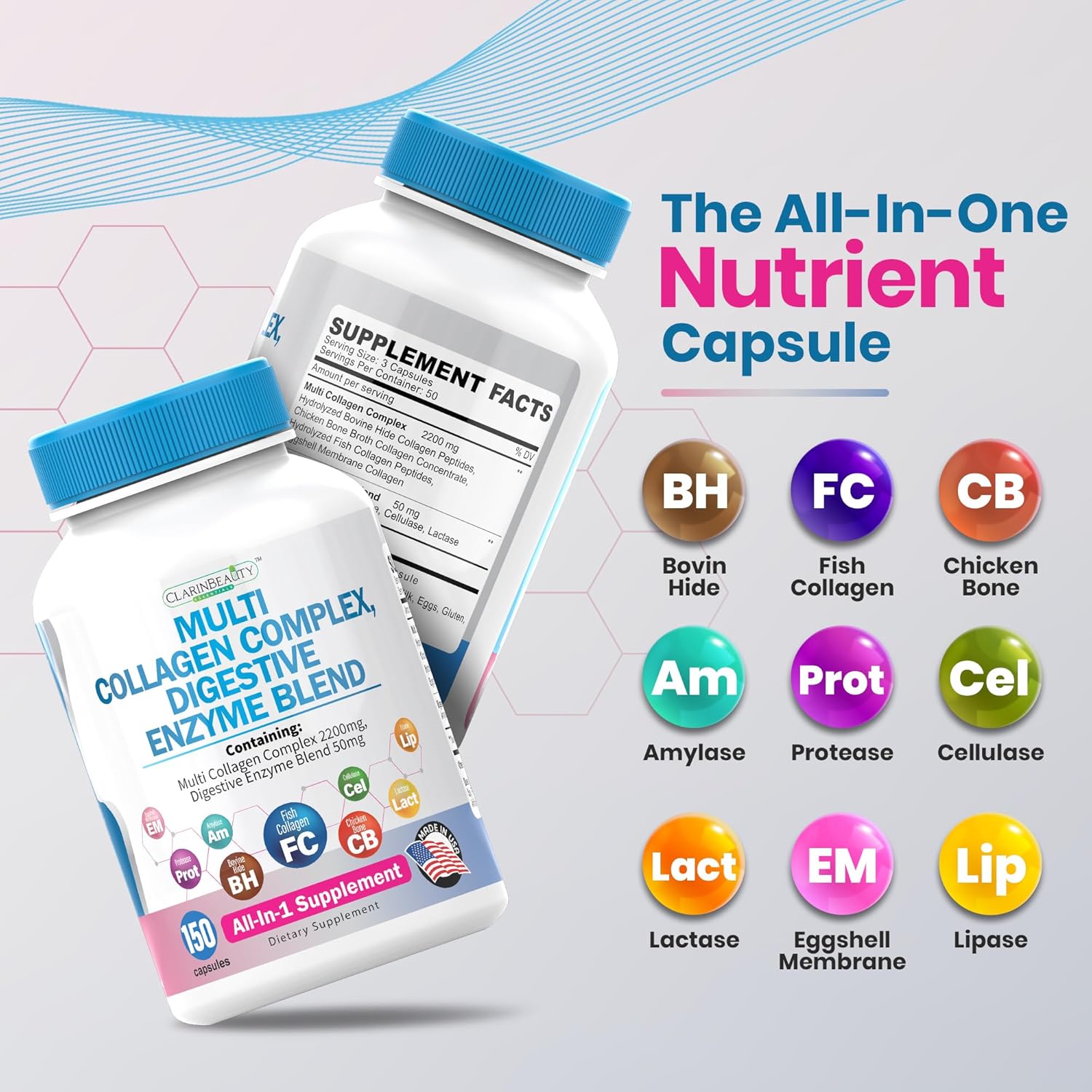 150 Capsules ClarinBeauty Advanced Grass Fed Multi Collagen Complex with 5 Types of Collagen & Digestive Enzyme Blend - Non-GMO, USA Made