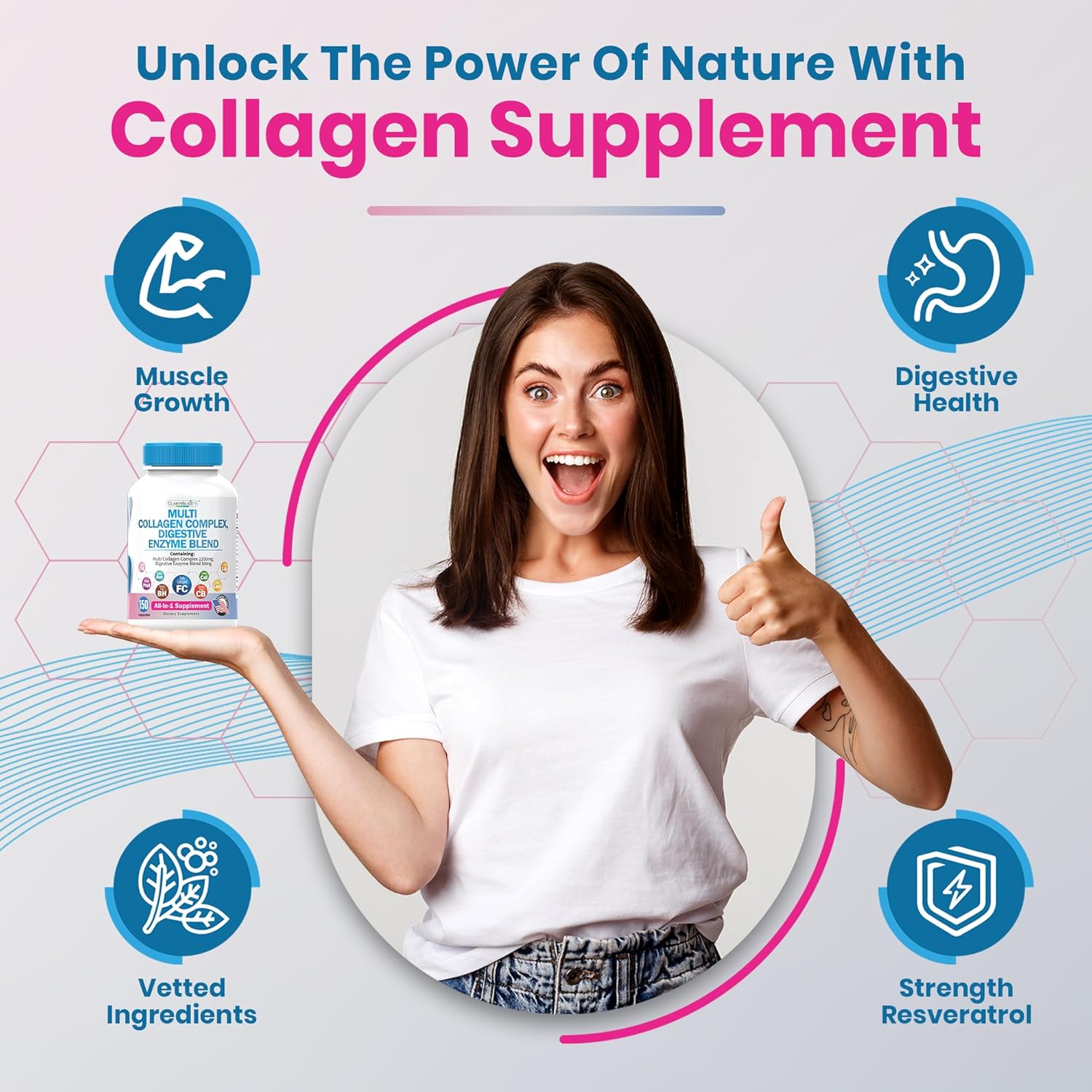 150 Capsules ClarinBeauty Advanced Grass Fed Multi Collagen Complex with 5 Types of Collagen & Digestive Enzyme Blend - Non-GMO, USA Made