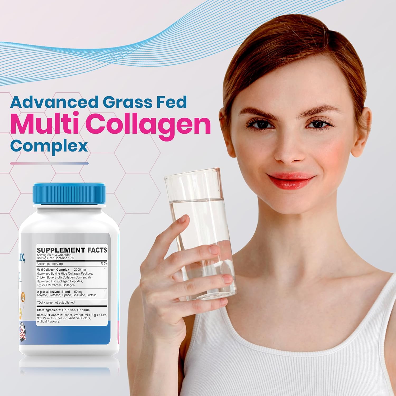 150 Capsules ClarinBeauty Advanced Grass Fed Multi Collagen Complex with 5 Types of Collagen & Digestive Enzyme Blend - Non-GMO, USA Made