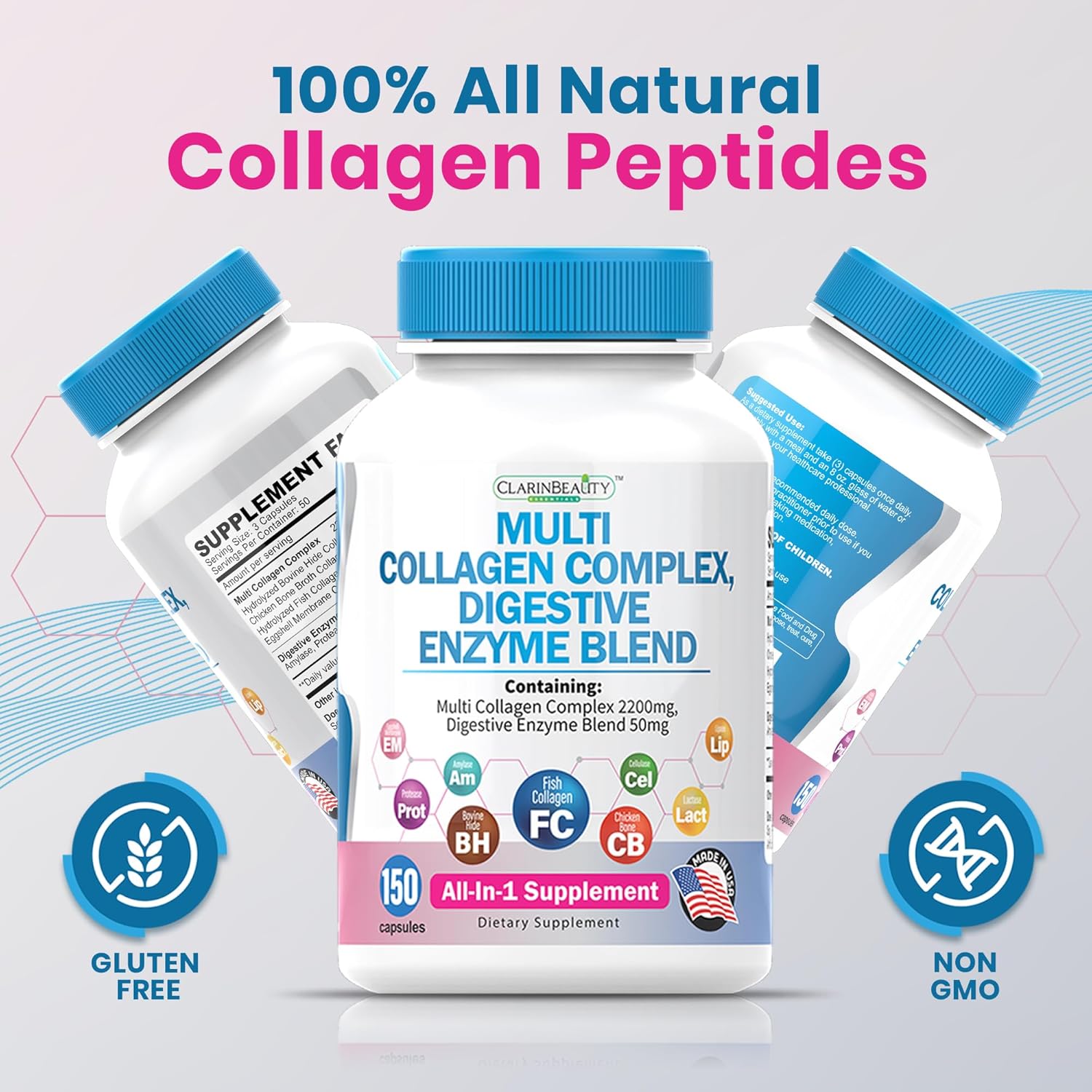 150 Capsules ClarinBeauty Advanced Grass Fed Multi Collagen Complex with 5 Types of Collagen & Digestive Enzyme Blend - Non-GMO, USA Made