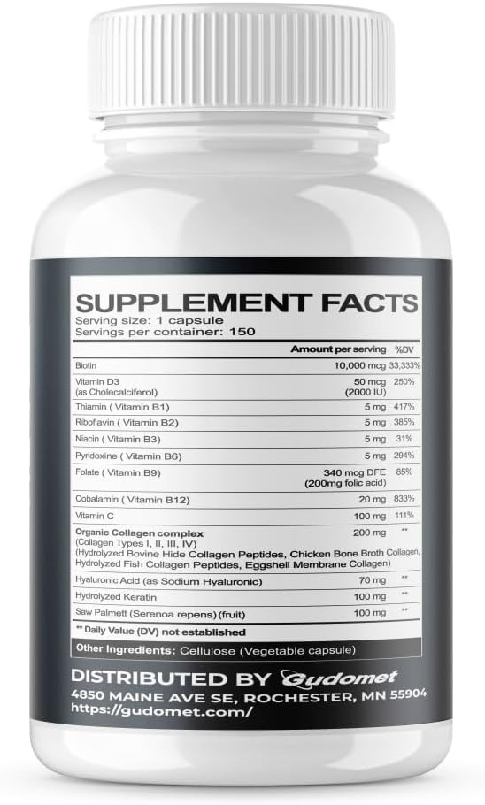 150 Capsules GUDOMET Biotin Collagen Vitamin D3 B Vitamins Keratin Hyaluronic Acid Saw Palmetto - Made in USA