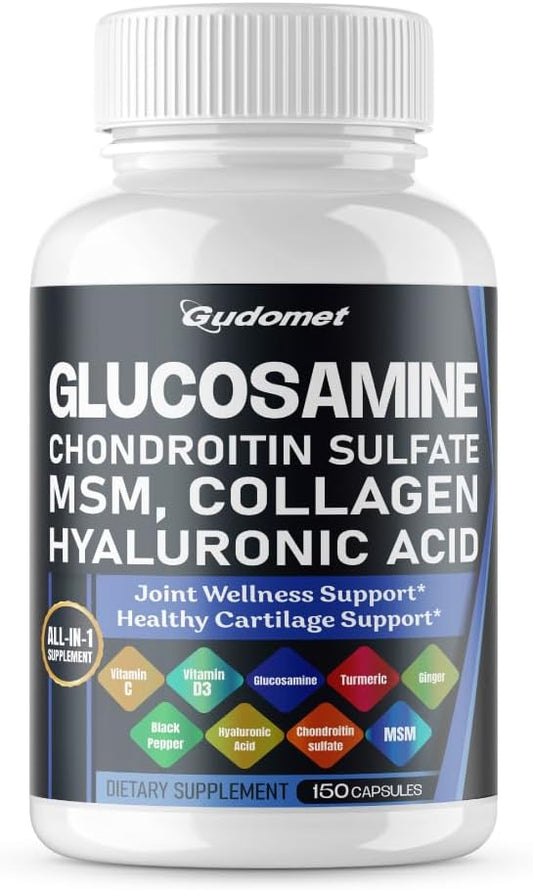 150 Capsules GUDOMET Joint Support Supplement with Glucosamine, Chondroitin, MSM, Hyaluronic Acid, Turmeric, Ginger, Vitamin C, D3 & Black Pepper - Made in USA