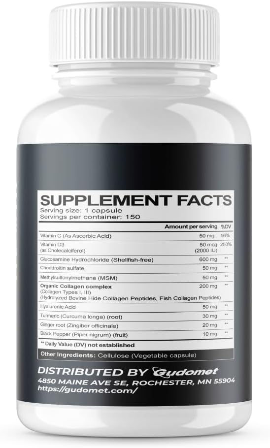 150 Capsules GUDOMET Joint Support Supplement with Glucosamine, Chondroitin, MSM, Hyaluronic Acid, Turmeric, Ginger, Vitamin C, D3 & Black Pepper - Made in USA